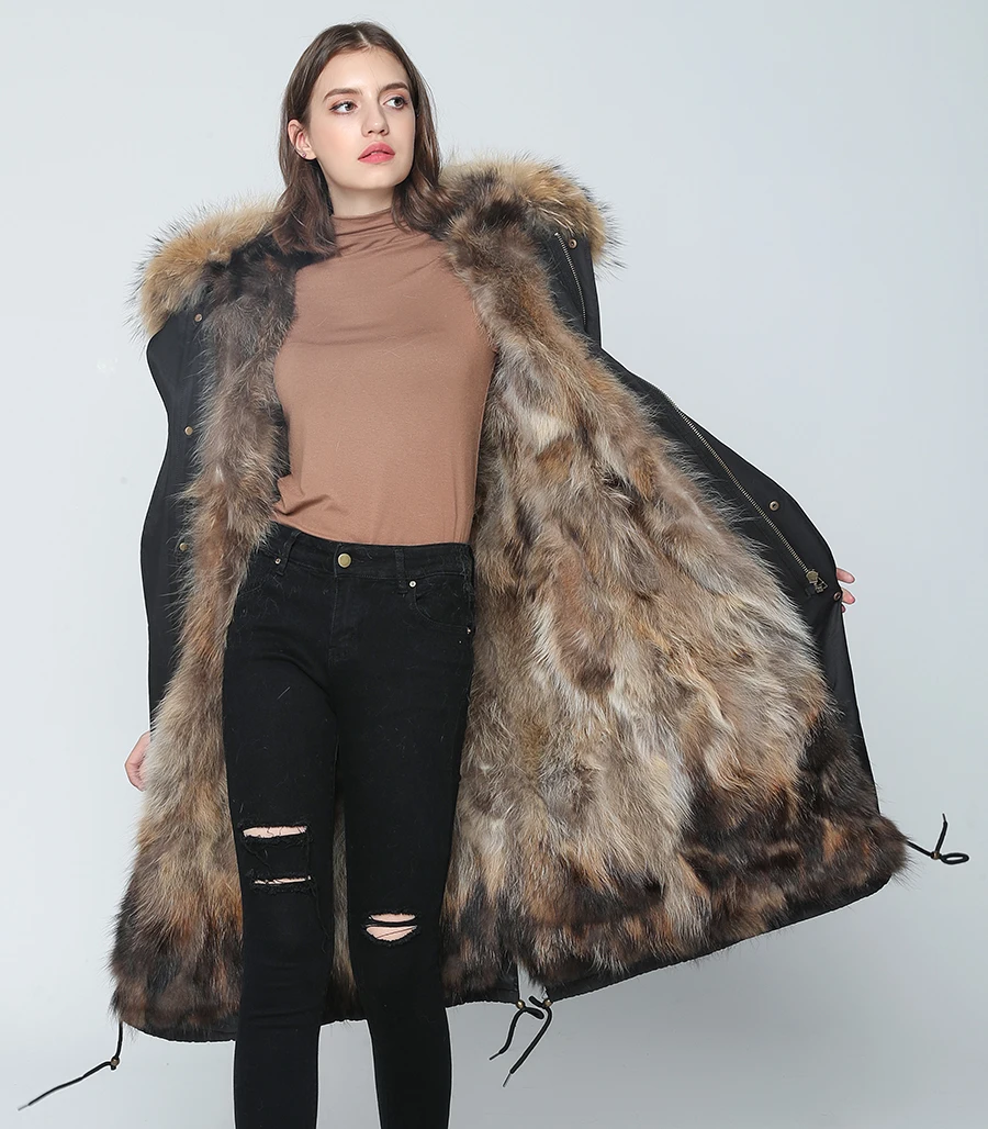 Echter Pelzmantel Winterjacke Damen Langer Parka Wasserdicht Großer Natürlicher Waschbärpelzkragen Kapuze Dick Warm Echter Fuchspelz-Futtermantel – Detail 29