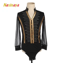 Black Figure Skating International Standard Ballroom Chinese men jumpsuit leotard  Ice Costume Dance Costume With Black Mesh