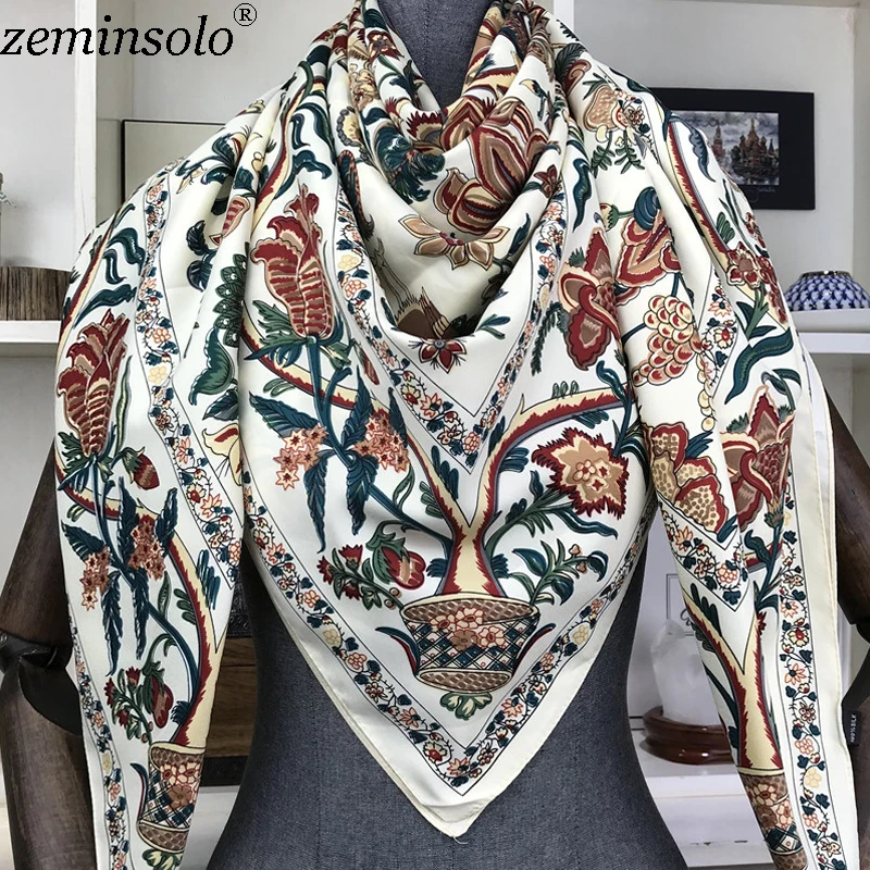 Foulard 100% Soie pour Femmes, Grand Châle, Imprimé Floral, Carré, Bandana, Marque de Luxe, 130x130cm