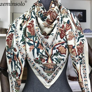 Sciarpa di seta 100% Donna Grandi scialli Stampa floreale Stole Bandana quadrata Fazzoletto di marca di lusso Sciarpe Foulard femminile 130 * 130 cm