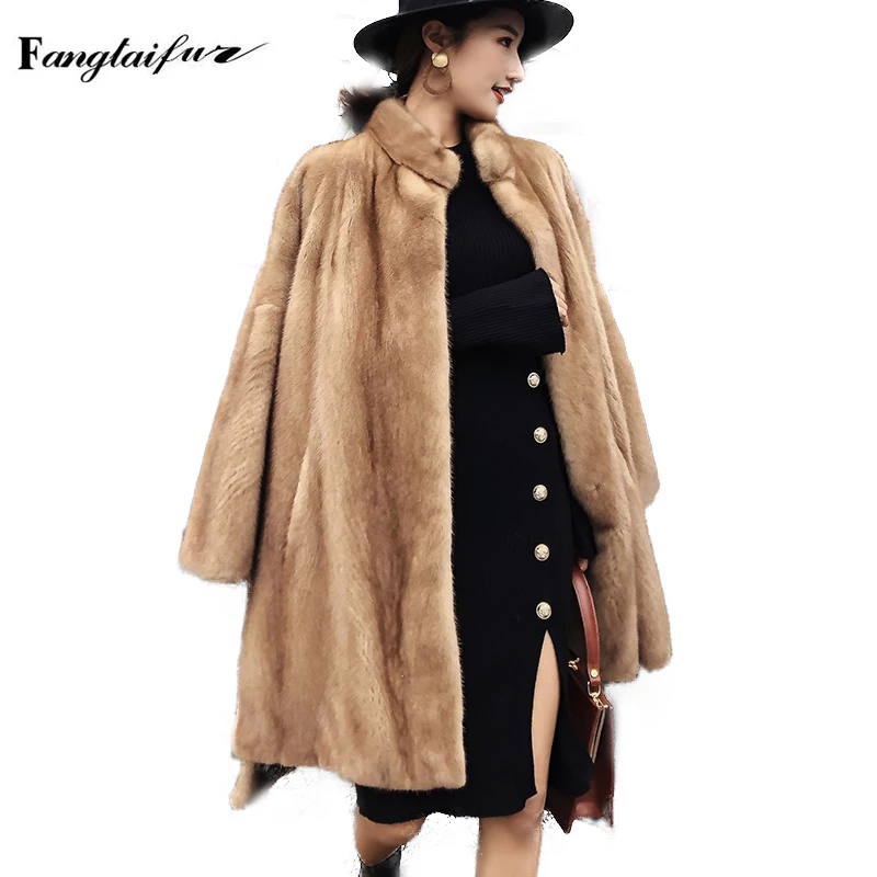 

Зимняя женская куртка Ftangaiur, импортное бархатное пальто из меха норки с воротником-стойкой, норковые пальто с длинным рукавом, длинные пальто из натурального меха норки