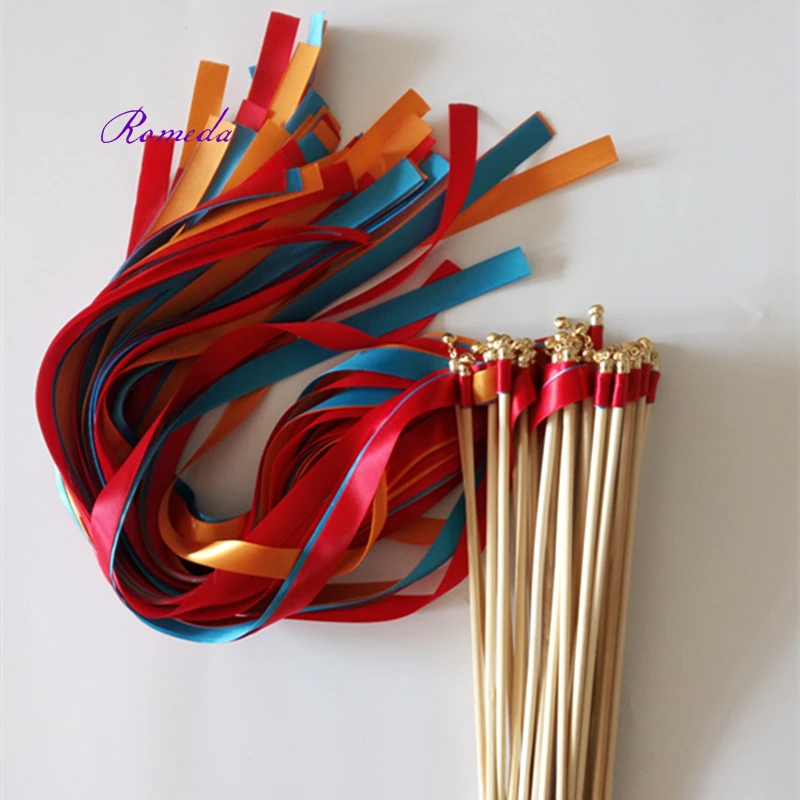 

3 Stain Ribbons Orange Dark Red and Blue Wedding Party Ribbon Wands Twirling Streamers With Bell