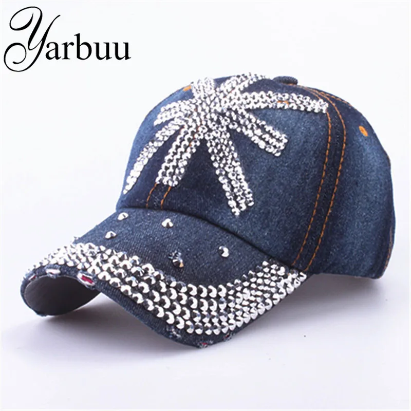 [YARBUU] Baseball Caps 2016 new style denim cap men and women's rhinestone hat cotton snapback cap  tourism cap free shipping