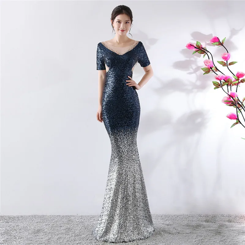 

Corzzet Luxury Green Gradient Sequined Short Sleeve Sexy V-Neck Long Mermaid Elegant Party Club Slim Dress Maxi Vestido De Festa