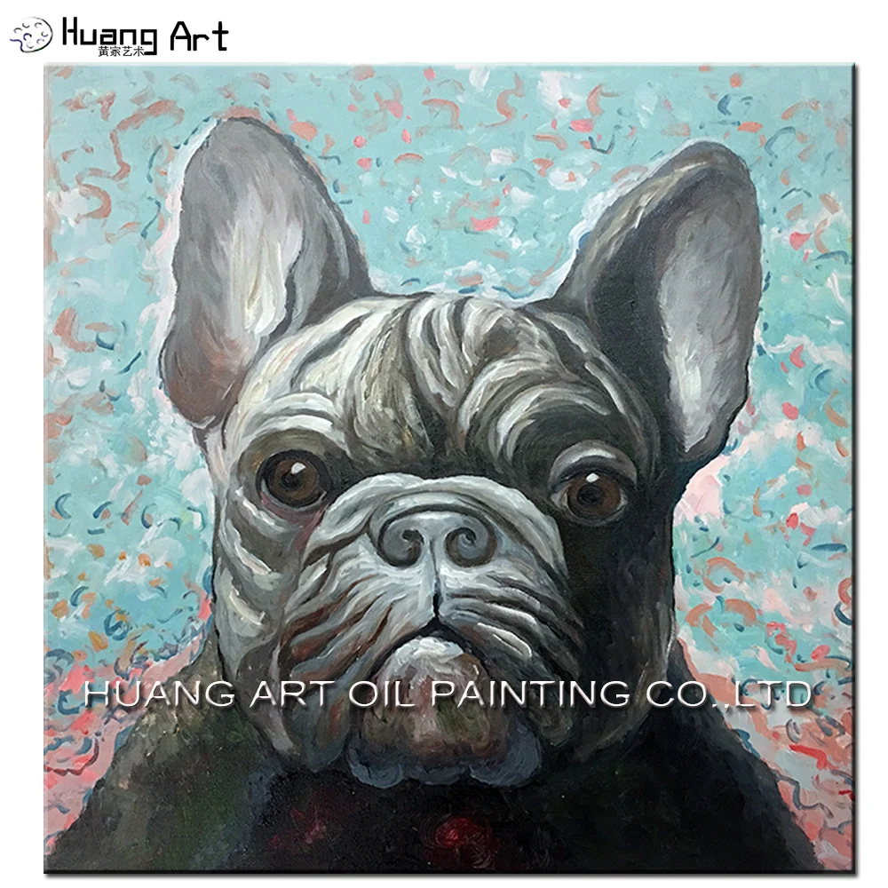 Top Artist Hand-painted Grey Dog Animal Oil Painting on Canvas French Bulldog Oil Painting Picture Art for Room Wall Artwork