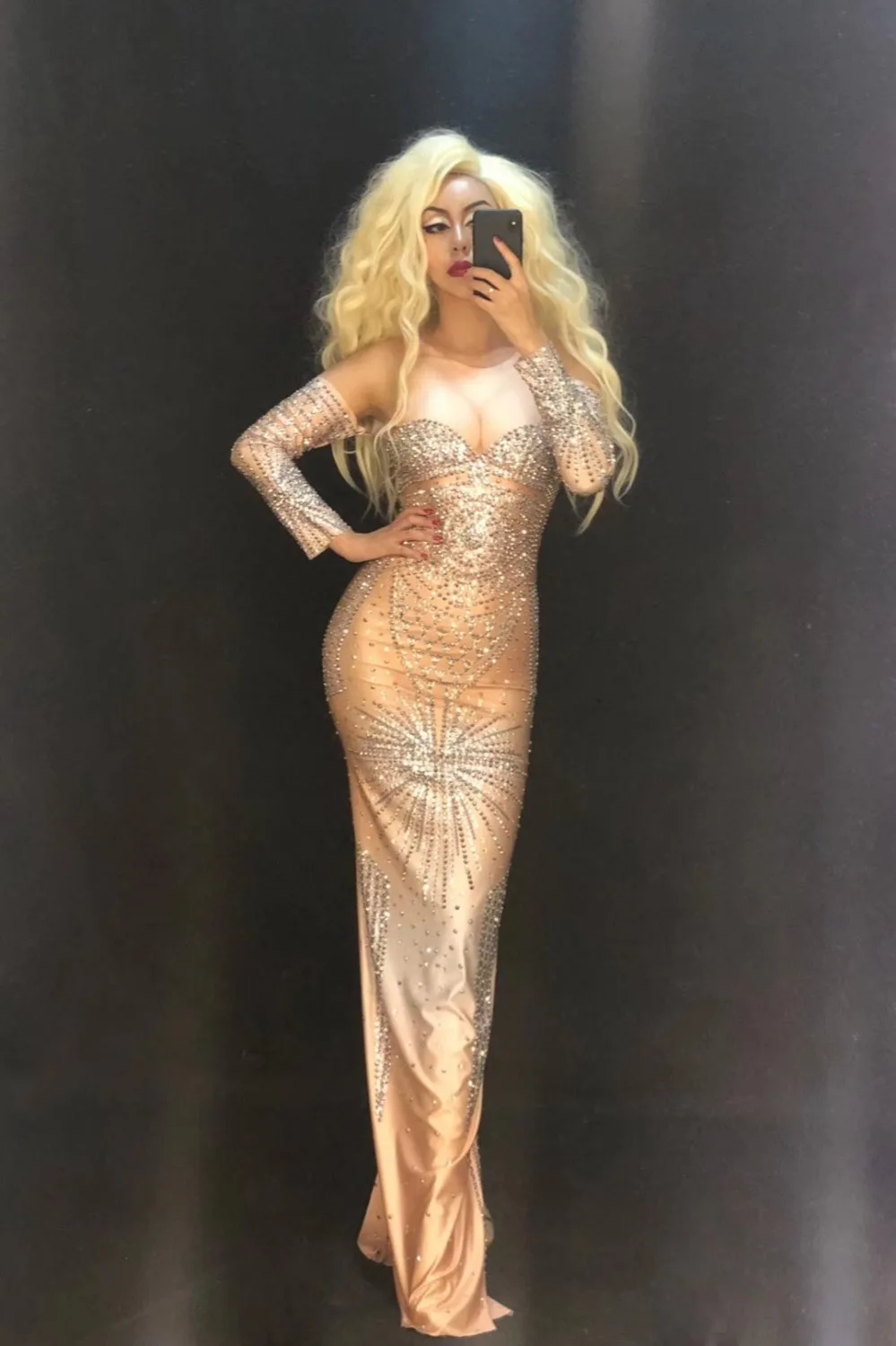 

2020 Women New Sexy Long Dress Sleevelet Sparkling Crystals Nightclub Party Dancer Singer Stage Wear Show Time Bling Costumes