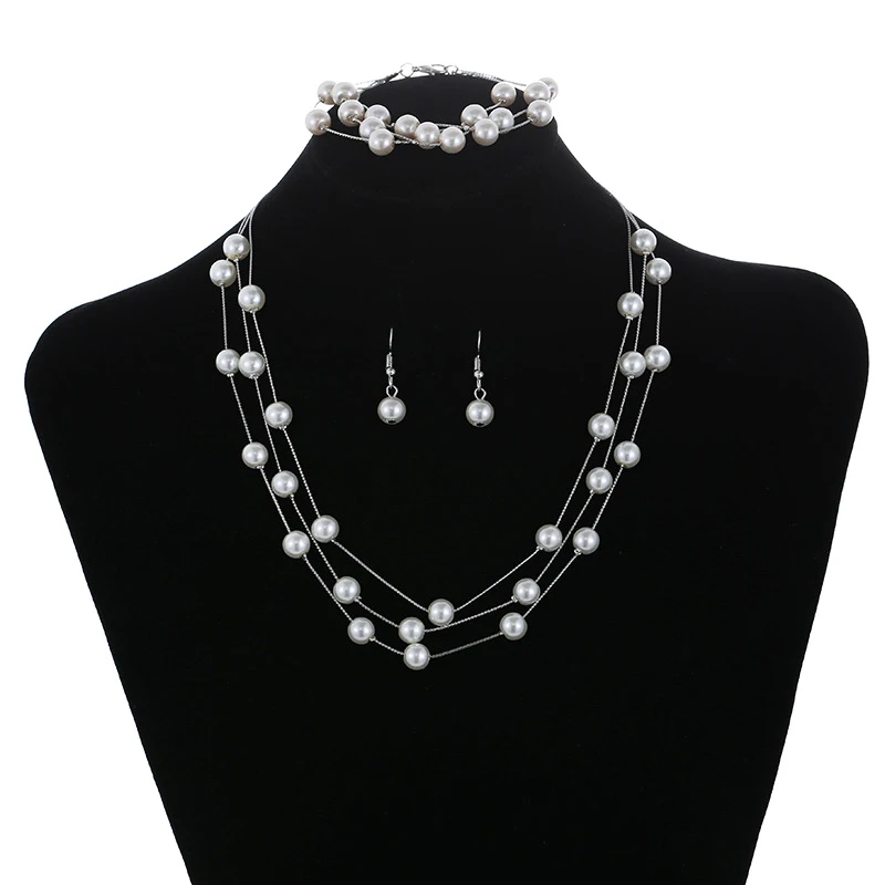 TREAZY 3 Layers Cream Simulated Pearl Jewelry Set for Women Necklace Earrings Bracelet Sets Bridal Wedding Jewelry Accessories