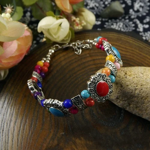 Tibetan Silver color Bohemia Bracelet Bead Stone Adjust Size Bangle Hot sale Jewelry Blue/Red/Black A207G