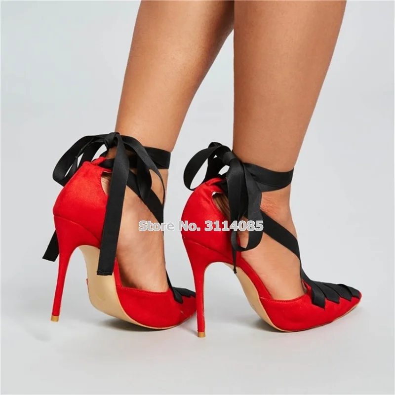 Women Elegant Red Suede Black Ribbon Mixed Color Dress Pumps Stiletto Heel Pointed Toe Shoe Cross Strappy Lace-up Wedding Shoes