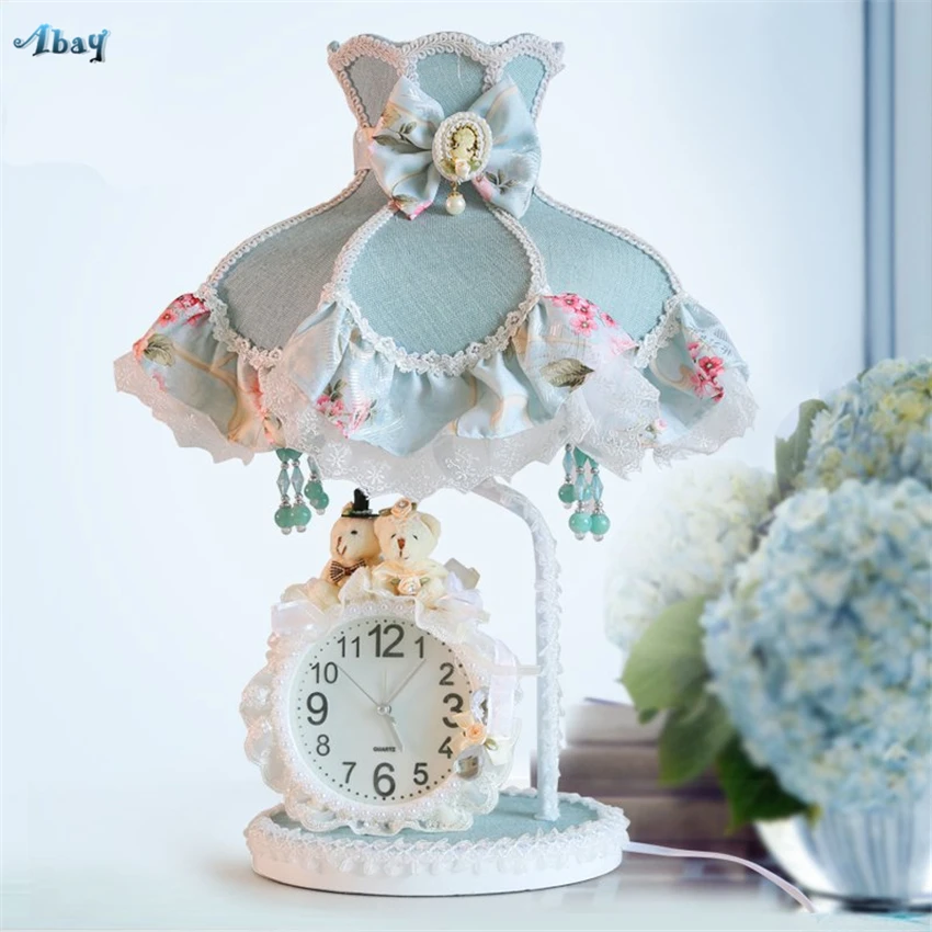 

Korean Fabric Lace Mediterranean Table Lamps for Bedroom Bedside Princess Room Watch Creative Children's Desk Lights Fixtures