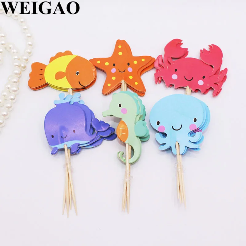 WEIGAO 24Pcs Birthday Cake Toppers Fish Sea Star Crab Shape Cake Flags Baby Shower Mermaid Theme Cake Decoration Party Supplies