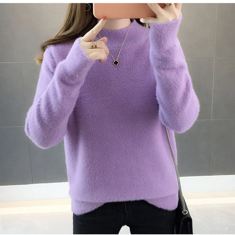 Warm Fall Knitted Faux Mink Fur Pullover Women Long Hair Turtle Neck Tops Ladies White Solid Color Jumper Casual Femme Pull Top