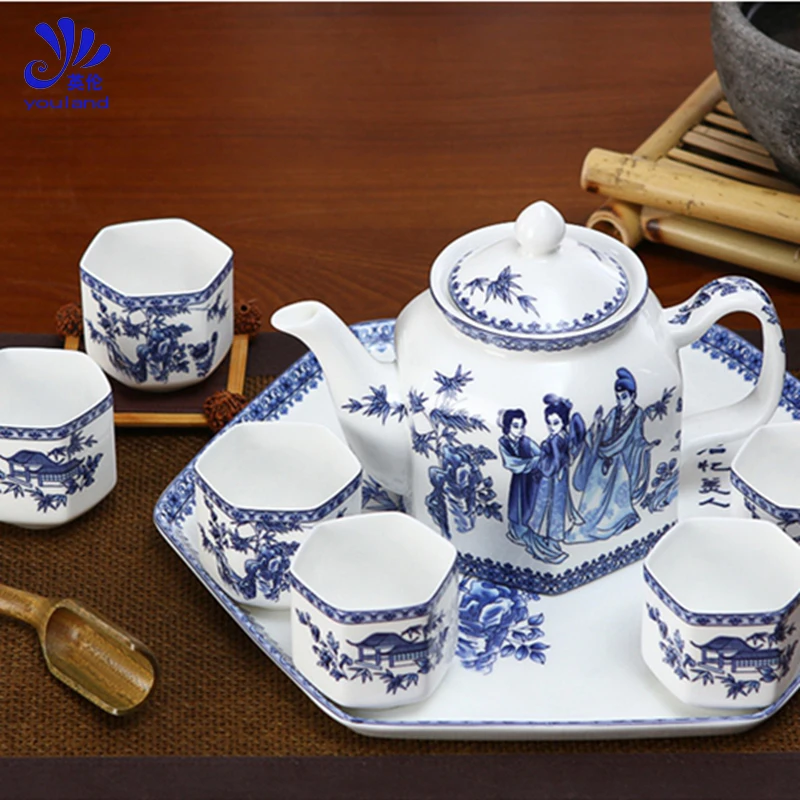 

8 pieces Blue and White Porcelain Teaware Set Tangshan Ceramic Glaze with Tea Plate in the West Chamber