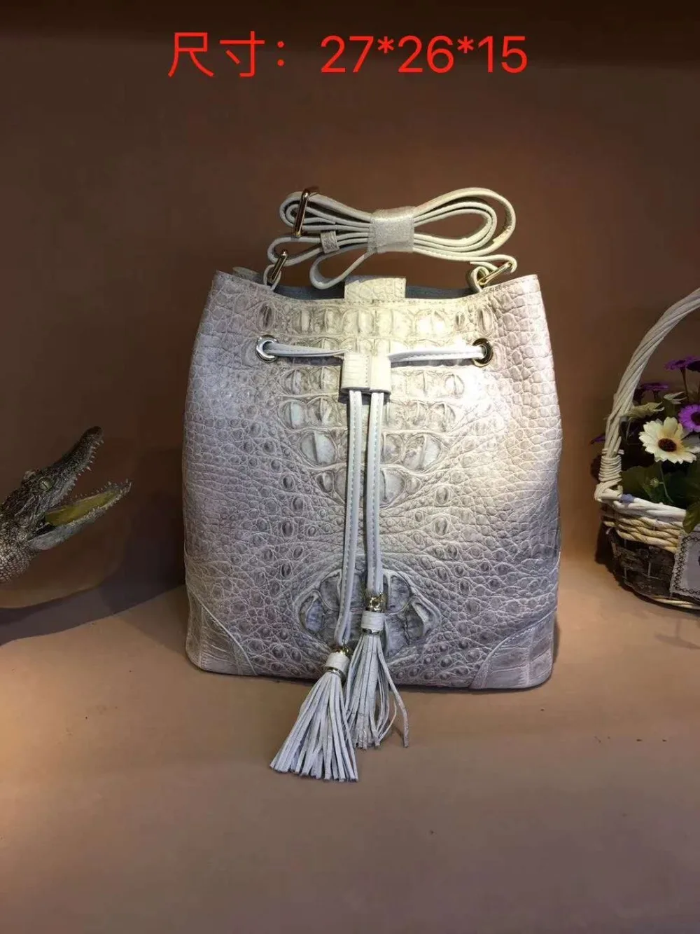 2018 new white color top quality 100% genuine real crocodile skin lady women bucket shoulder tote bag string closure fast ship