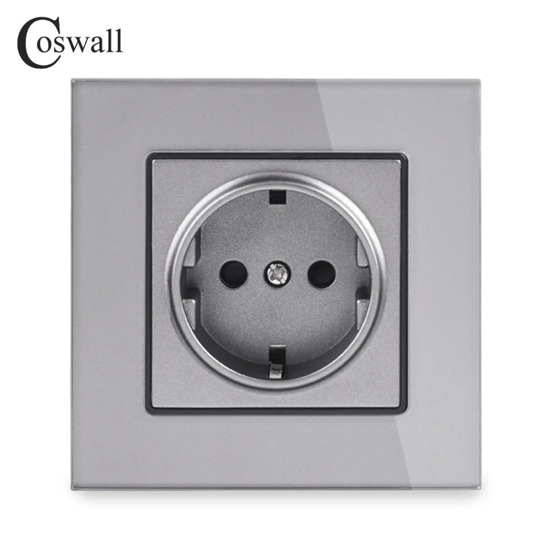 Coswall Wall Tempered Glass Panel Power Socket Grounded 16A EU Russia Spain Outlet With Children Protective Lock