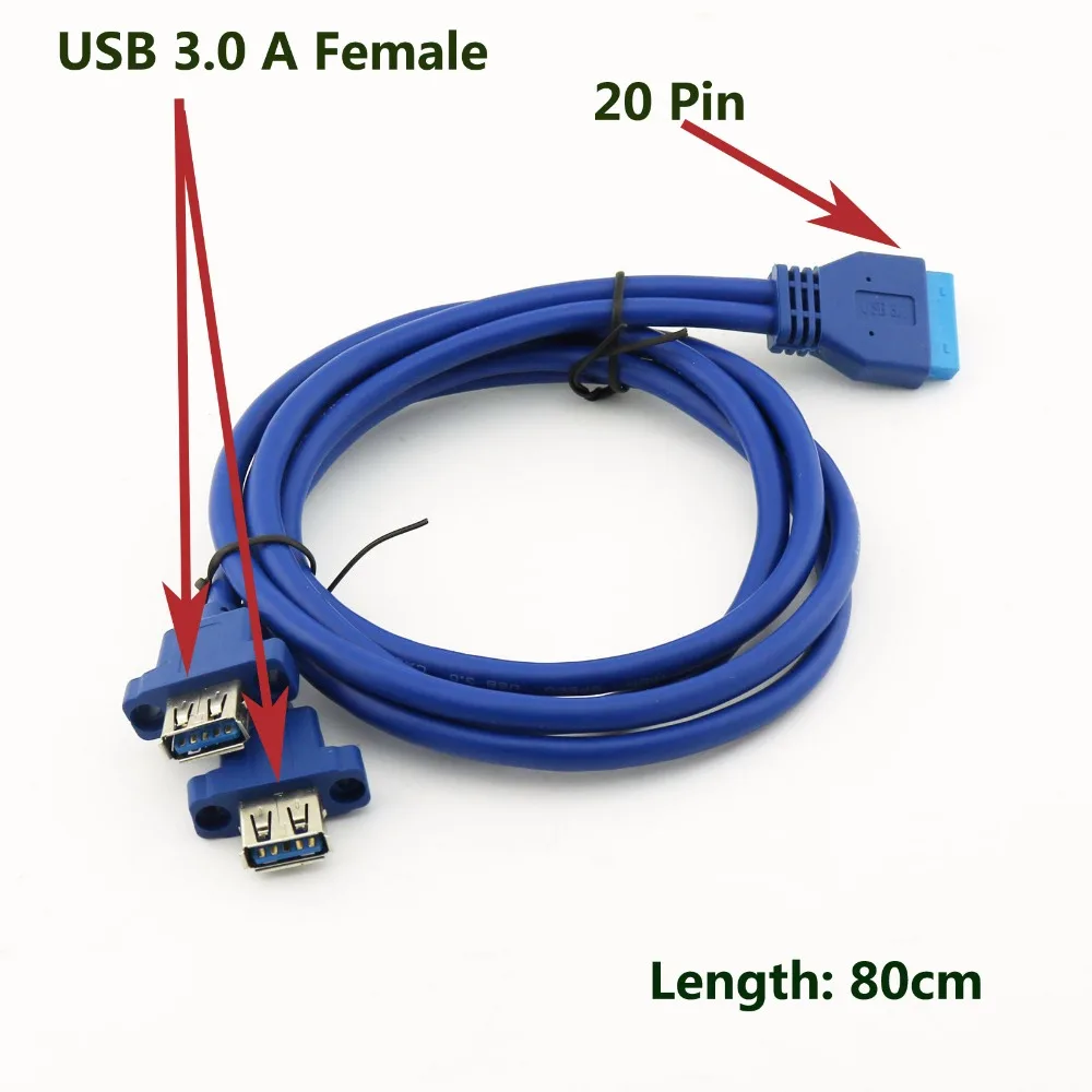 

1pc USB 3.0 Cable Dual Port USB 3.0 A Female Screw Mount Panel Type to Motherboard 20 Pin PC Case Cord 80cm Blue