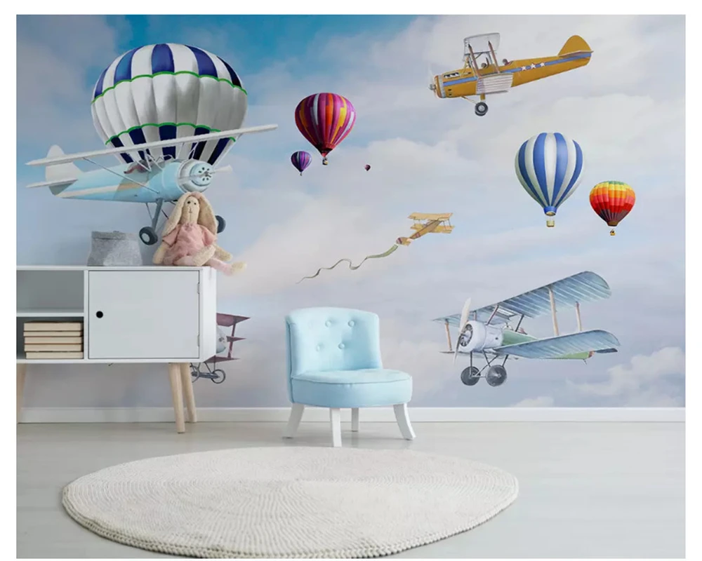 

beibehang Custom fashion personality silky wallpaper Nordic simple hand-painted aircraft balloon children room background behang