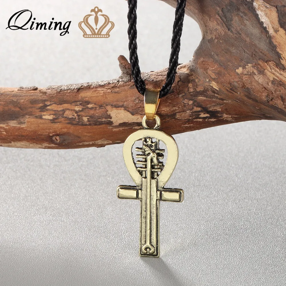 QIMING Egyptian Ankh Charms Necklace For Women Men Anubis Amulet Pendant Old Ancient Egypt Gold Retro Goddess Corss Necklace