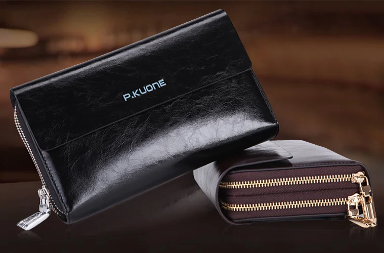 P.KUONE men\'s clutch Bag Genuine Leather handbag Double Layer Business day clutches wallets men Oil Wax Cowhid purse male wallet