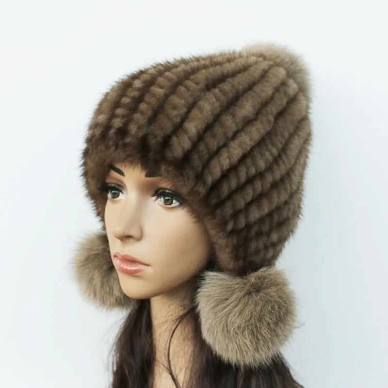 Fashion Women Real mink hat Winter warm mink fur knit hats Women fox fur ball cap