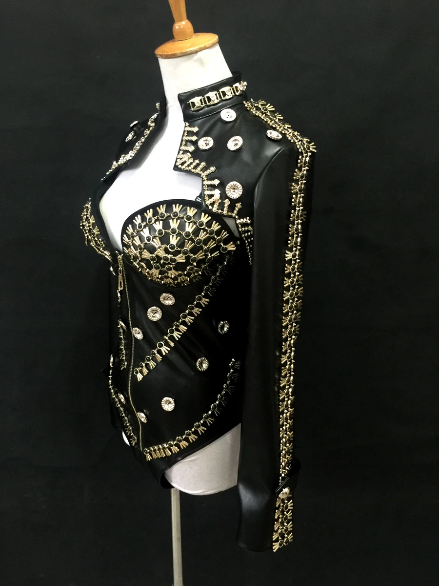 หนังสีดําสูงแยกบอดี้สูทคริสตัล Rivet เสื้อแจ็คเก็ตสั้นผู้หญิงนักเต้นนักร้องแจ๊สชุดเต้นรําบาร์ไนท์คลับเครื่องแต่งกาย