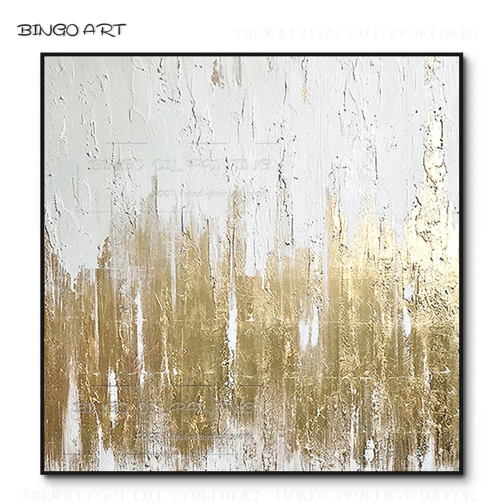 

Pure Handmade Artwork Abstract White and Gold Foil Oil Painting Hand-painted High Quality White and Golden Abstract Oil Painting