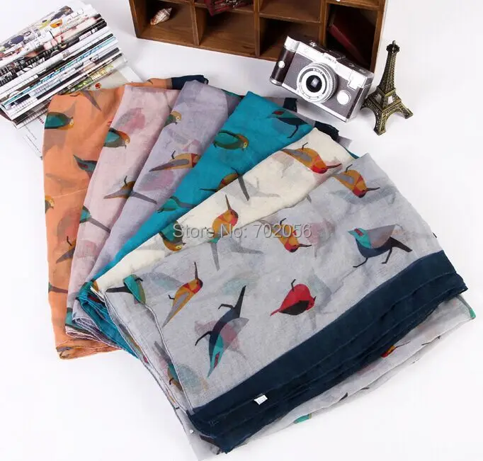 

2016 Bird Print Voile Scarf For Women Fashion Sarongs shawl wrap Long Scarves All season 6 colors 90*180cm 14pcs/lot #3808