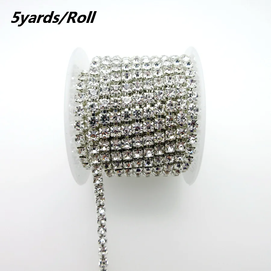 5yards/roll Clear glitter crystal glass 2mm 2.5mm 2.8mm 3mm 4mm Silver Base Close cup rhinestone Chain apparel Sewing ornament