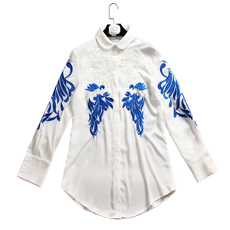 Women Long Sleeve Shirts Embroidery White Blouse Office Lady OL Peter Pan Collar Floral Cotton Shirts Outwear Tops