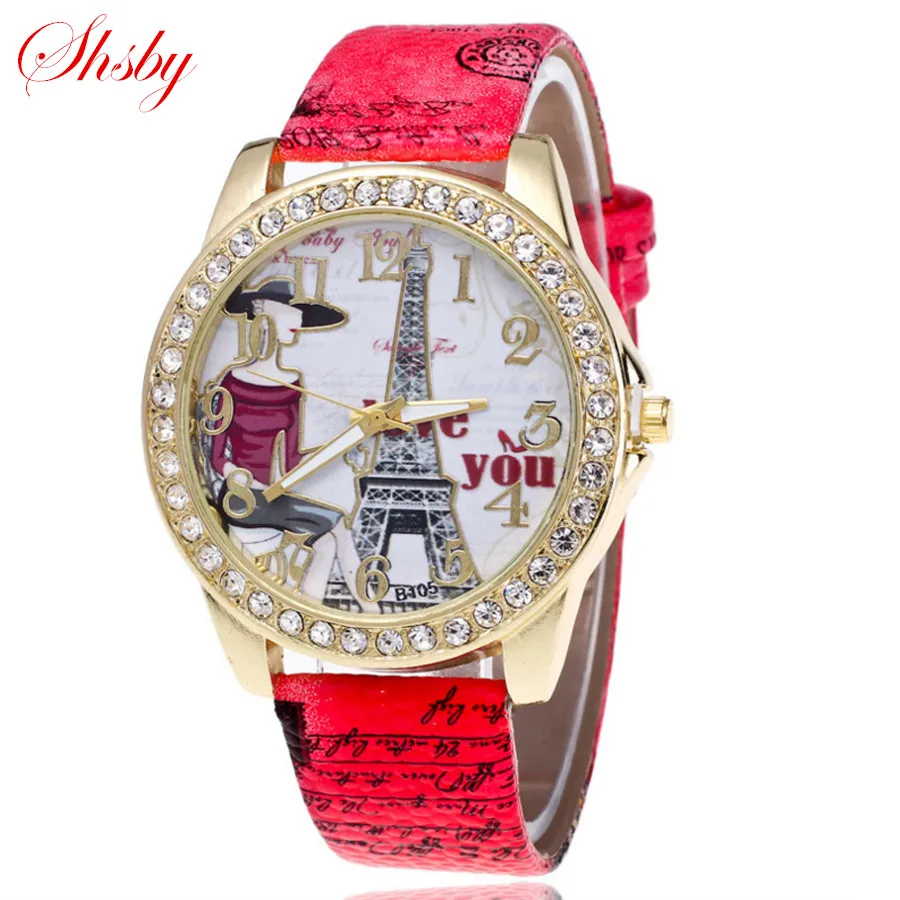 Shsby Brand Eiffel Tower Leather Strap WristWatches Ladies Rhinestone Quartz Watch Women dress Watches femme love Casual watch