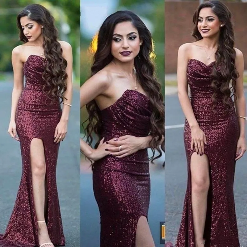 

Sexy Burgundy Sequined Dresses Arabic evening Dresses Long 2021 Mermaid Prom Dresses Formal Vestidos De Festa High Split