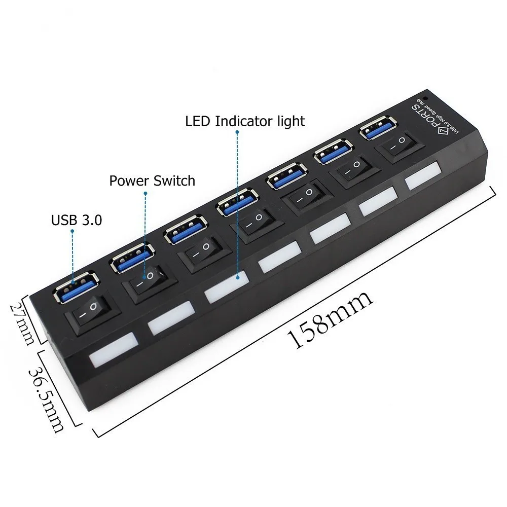 Usb 3.0 Hub 7 منافذ متعددة في واحد كومبو مايكرو Usb3.0 Hab الفاصل مع الاتحاد الأفريقي/الاتحاد الأوروبي/الولايات المتحدة/المملكة المتحدة محول الطاقة LED مؤشر الملحقات للكمبيوتر