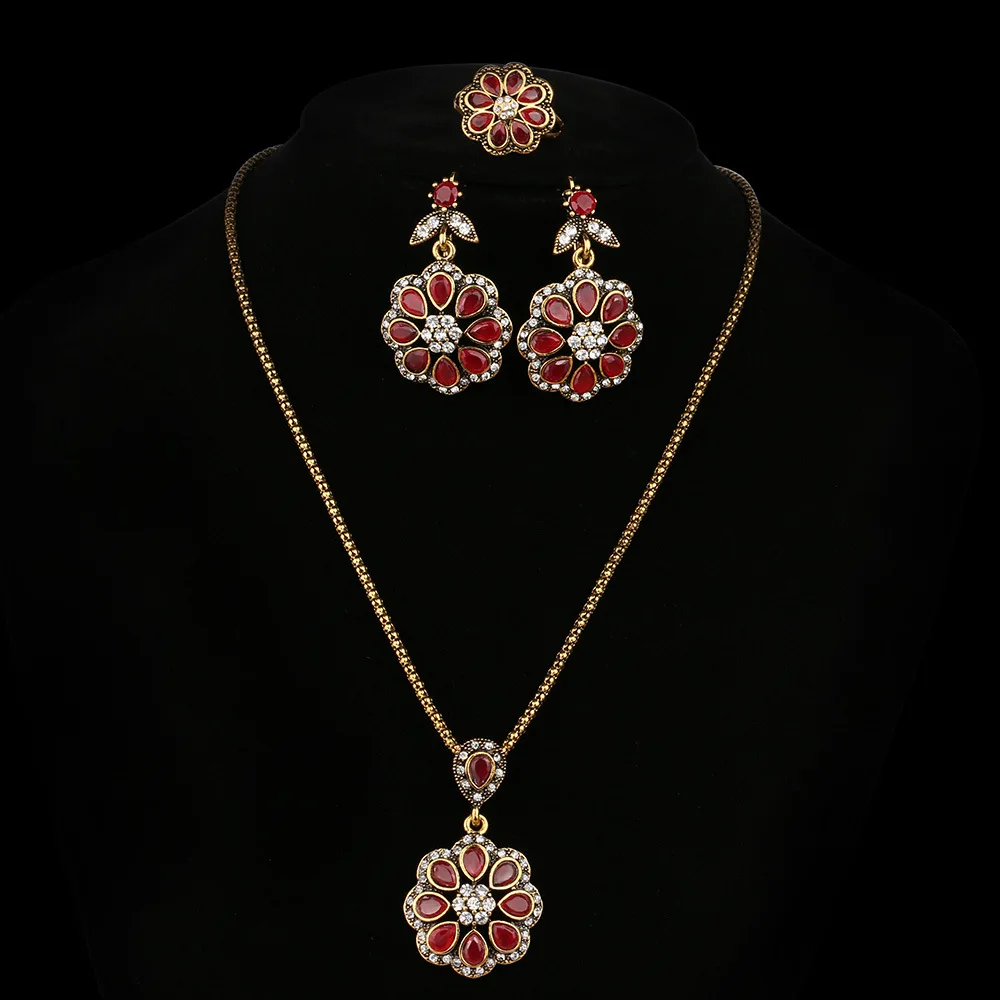 New Luxury 3PCS Fashion Gold-Color Vintage Red Petal Type Nigerian Wedding African Beads Jewelry Sets For Women