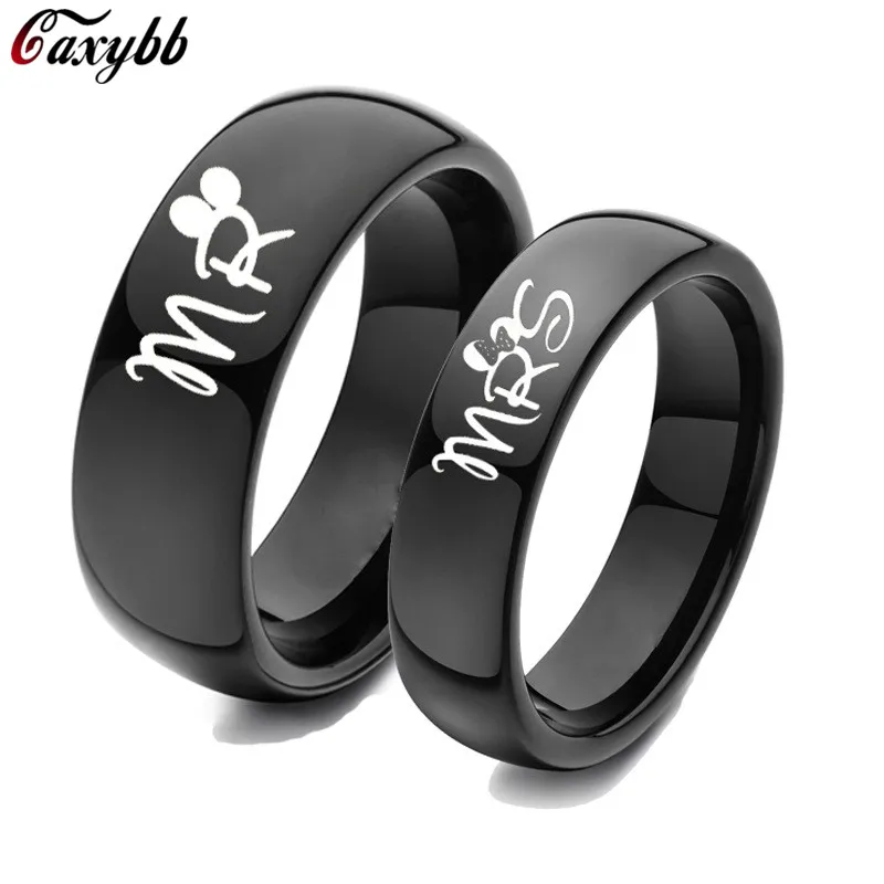 Lovers\' Ring Black Color Couple Ring Stainless Steel Wedding Mr Mrs Ring for Women and Men Promise Jewelry