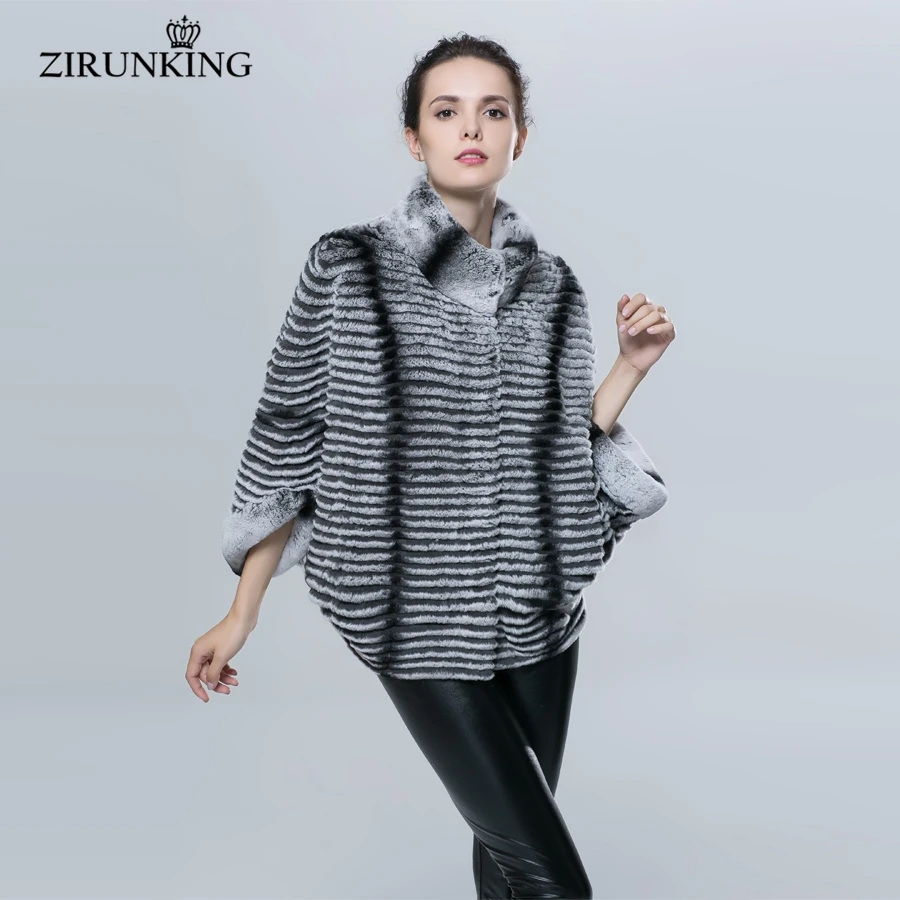 ZIRUNKING-Chaqueta de piel auténtica de conejo para mujer, abrigo de piel auténtica de Color Chinchilla, ajustado de lujo, manga de murciélago, gran