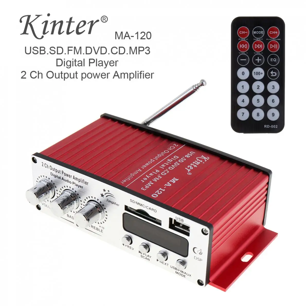 Kinter MA120 HiFi 2 Channel Output Power Amplifier FM Radio Stereo Player Support USB SD DVD MP3 Input with Remote Control