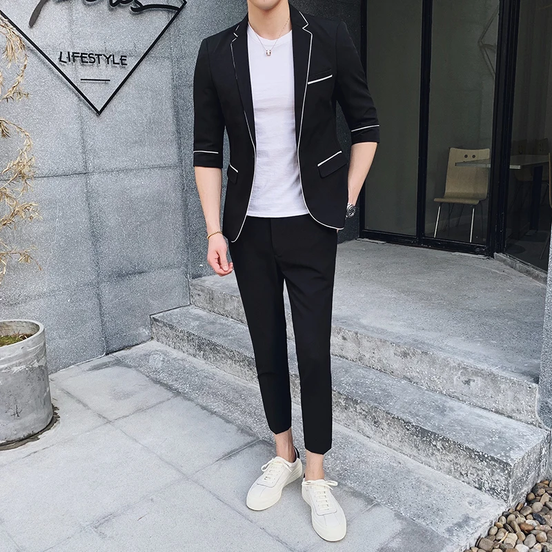 

Summer Fashion Black Men Wedding Suits Pants White Groom Tuxedos Man Blazers Costume Homme Slim Fit Terno Masculino 2 Piece