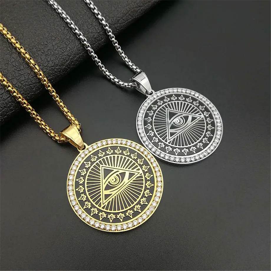 

Hip Hop Stainless Steel All Seeing Eye of Providence Necklace Pendant For Women/Men Iced Out Free Mason Masonic Necklace Jewelry