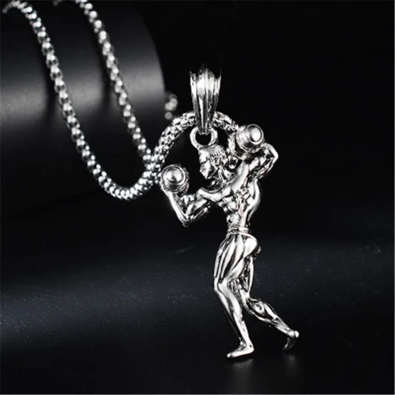 Hipster dumbbell muscle men necklace hip hop punk stain steel pendant