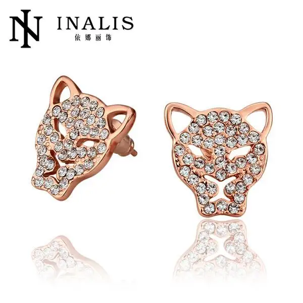 Inalis Brand Lion Face White GoldPlated Stud Earrings For Women Branded Earrings Piercing Women Big Earings E876