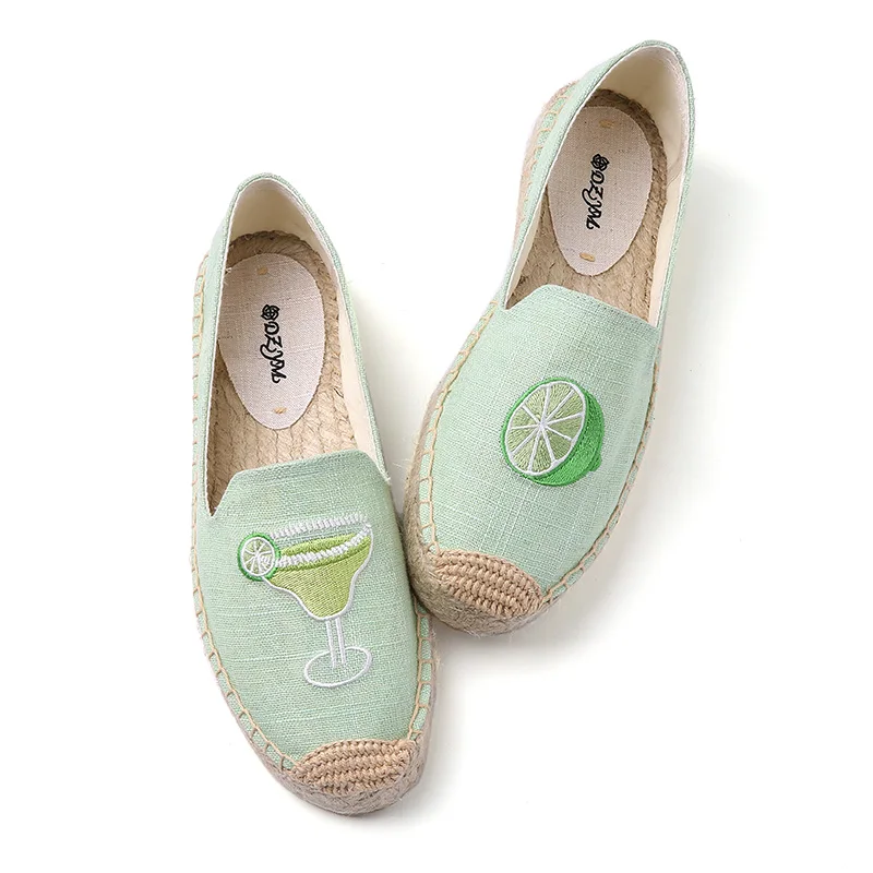 DZYM  Summer Canvas Espadrilles Women Fisherman Shoes Lemon Zapatos Ice Cream Parrot Embroider Linen Loafers Retro Flats