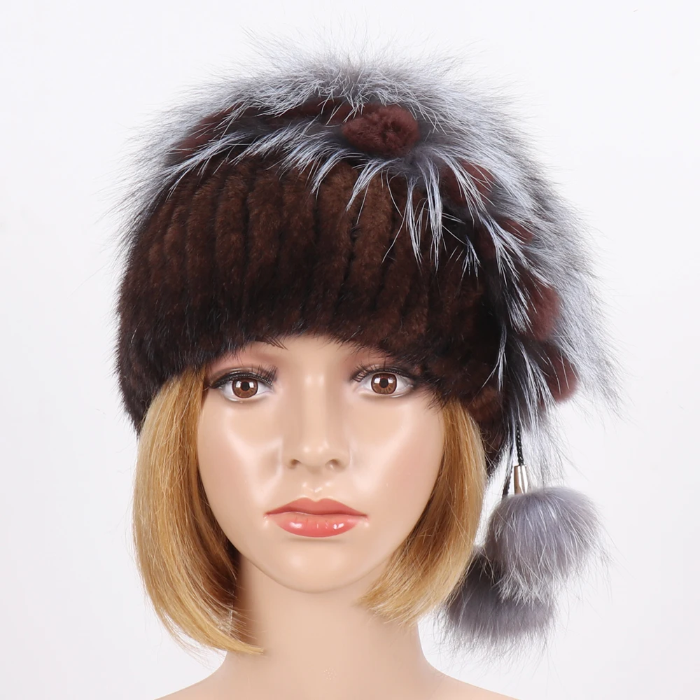 2024 New Style Girl Fashion Knitted Real Mink Fur Hats Quality Warm Natural Mink Fur Cap Top Fox Fur Women Winter Real Fur Hat