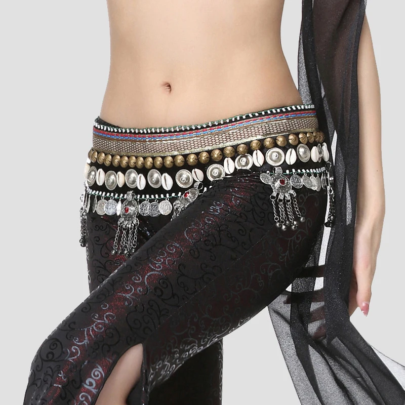 Tribal Belly Dance Clothes Waist Hip Scarf Adjustable Fit Antique Bronze Beads Metal Coins Magic Sticker Chain Belt