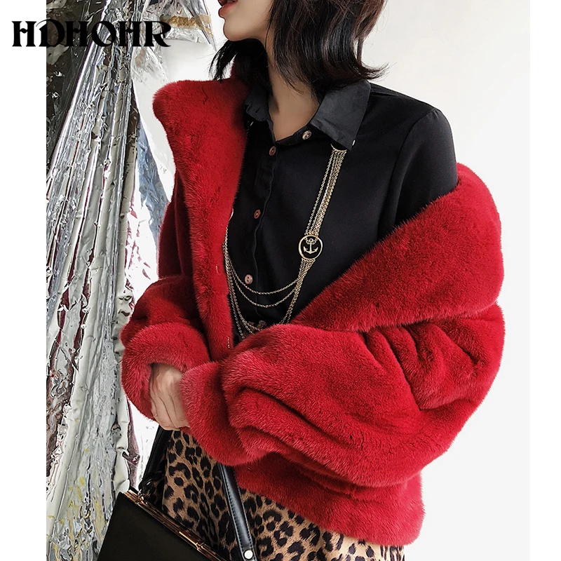 HDHOHR 2024 New 100% Real Mink Fur Coat Women Fashion Essential Natural Mink Coat Short Christmas Red Outerwear Winter Jacket