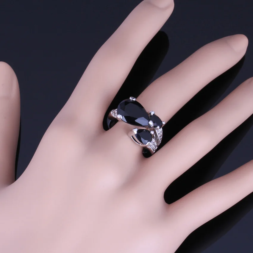 Super Big Pear Black Cubic Zirconia White CZ Silver Plated Ring V0149