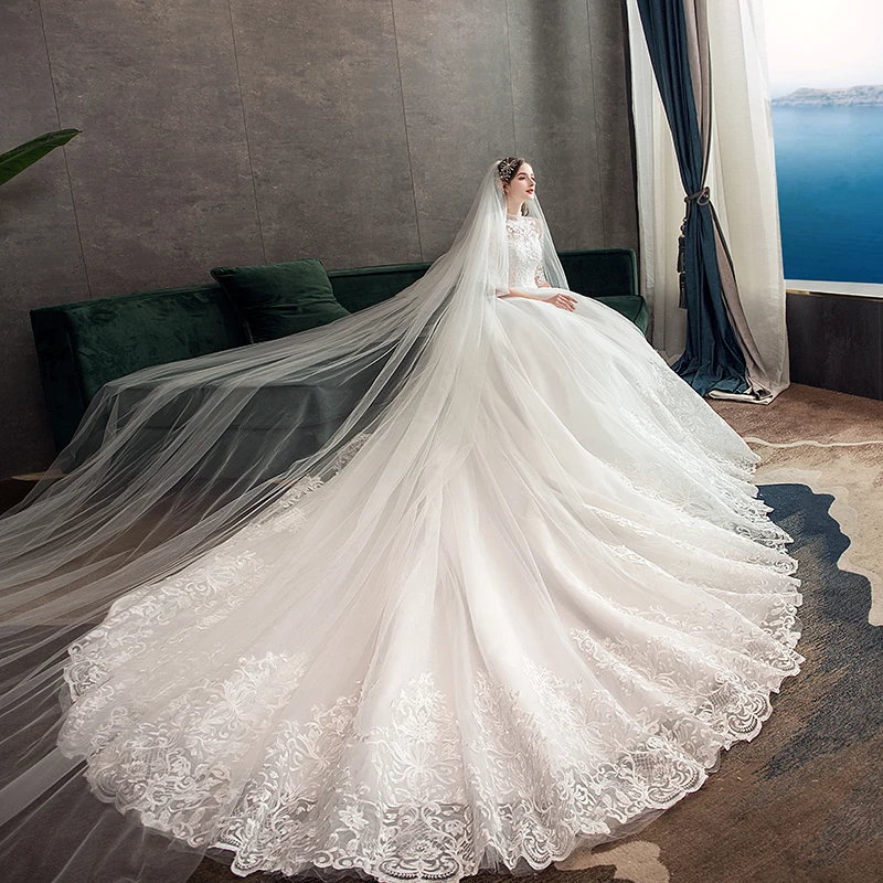 Robe de Mariée en Dentelle Brodée avec Grande Traîne, Tenue Vintage à Col Haut et Demi-Manches, pour Patients, 2023