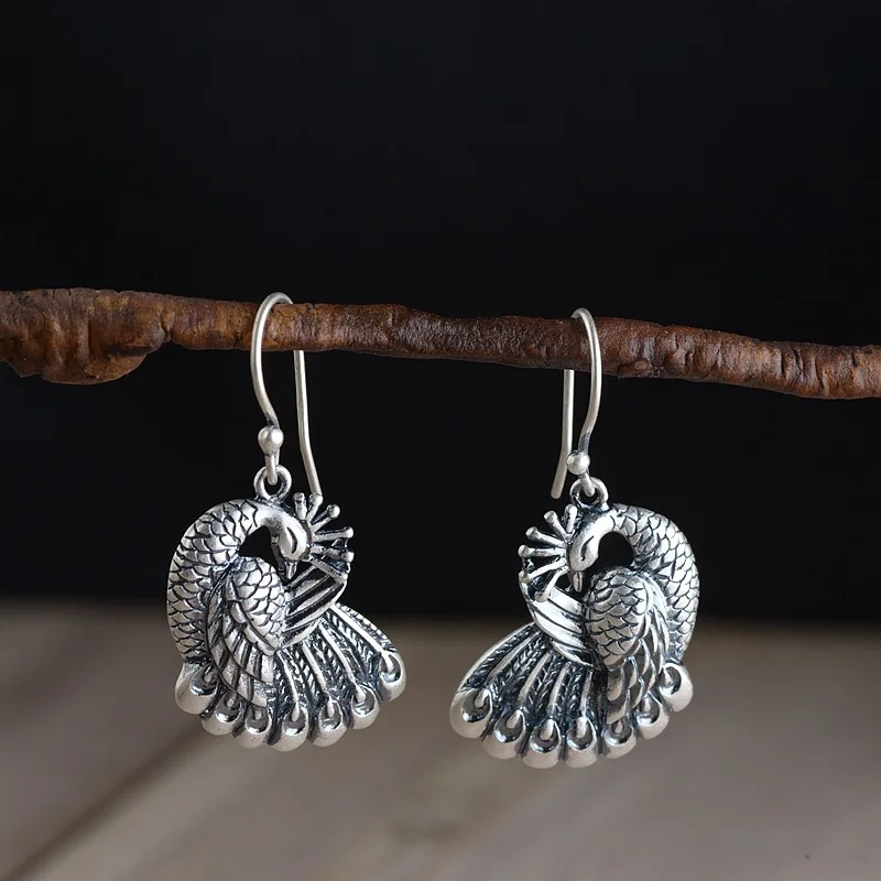 

S925 silver vintage Thai silver craft earrings fashion female models peacock pattern silver jewelry earrings