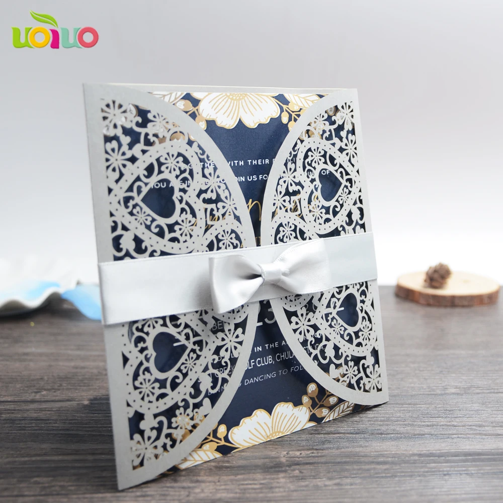 DIY customzied inc48 fold Laser Cut heart flower silver Wedding invitations Card ,tied grey bow,print insert,envelope