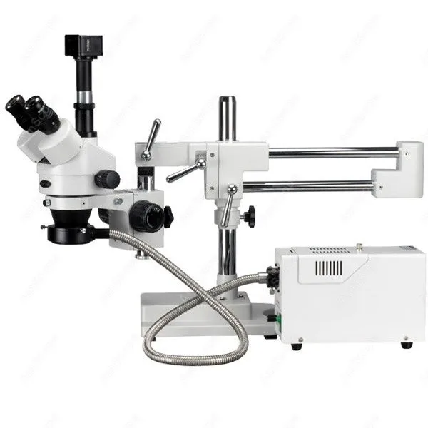 Simul-Focal Trinocular Microscopy--AmScope Supplies 7X-45X Simul-Focal Trinocular Boom System + USB Camera