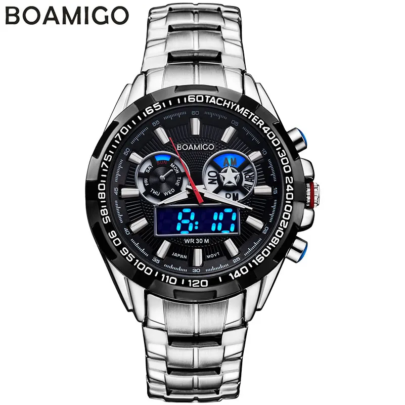 men sport watches military steel digital watch Luminous hand quartz watch 2017 BOAMIGO silver gift 30m waterproof wristwatches